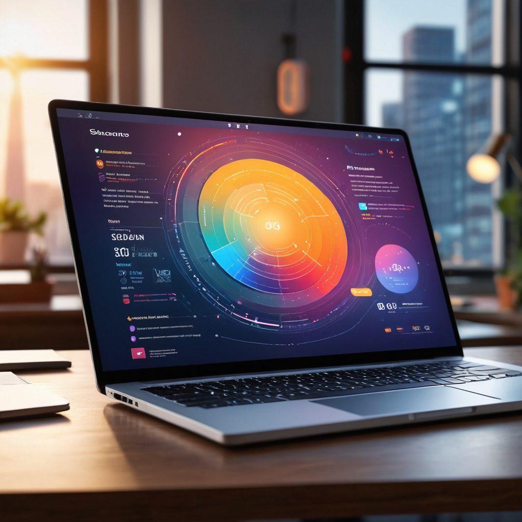 A modern digital workspace featuring a laptop displaying an email marketing dashboard with colorful graphs and charts. Surround it with floating personalized email templates, glowing keys symbolizing automation, and a confident professional engaged in the process. The background should evoke a sense of collaboration and efficiency. vibrant colors. super-realistic.