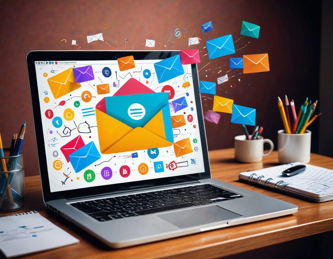 A dynamic workspace filled with colorful emails flying out of a laptop, representing effective email marketing strategies. Add elements like a gauge showing high customer engagement and conversion rates, along with small icons of happy customers receiving emails. The background should be vibrant and engaging with a hint of digital marketing tools like charts and graphs. vector art. vibrant colors.