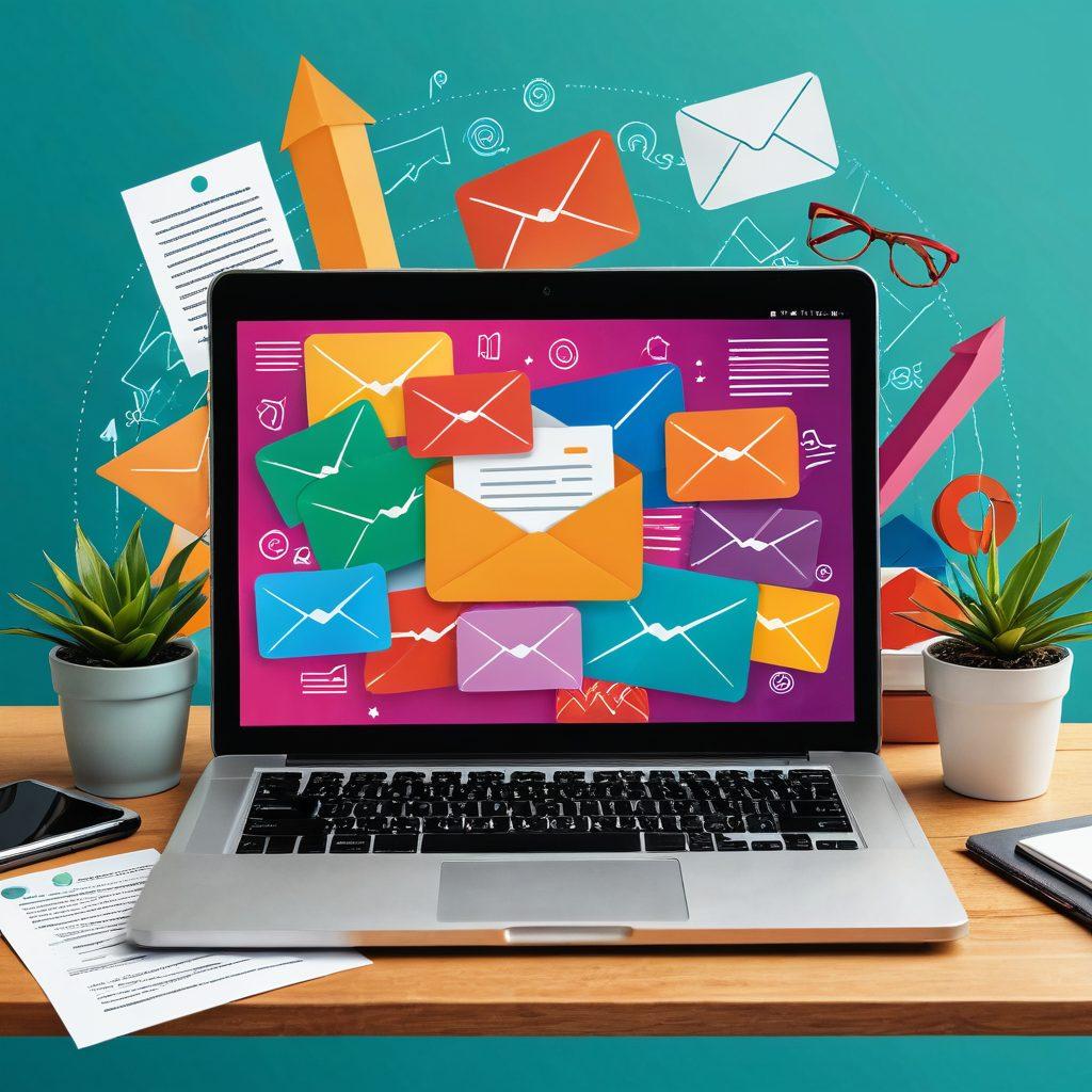 A dynamic visual representing the email marketing journey, showcasing an open laptop with a vibrant email interface displaying graphs of subscriber lists and conversion rates. Include elements of engaging email content like colorful call-to-action buttons and eye-catching headlines. Stylized arrows indicating growth and engagement, framed by a creative workspace background filled with stationery and a potted plant. digital illustration. vibrant colors. modern design.